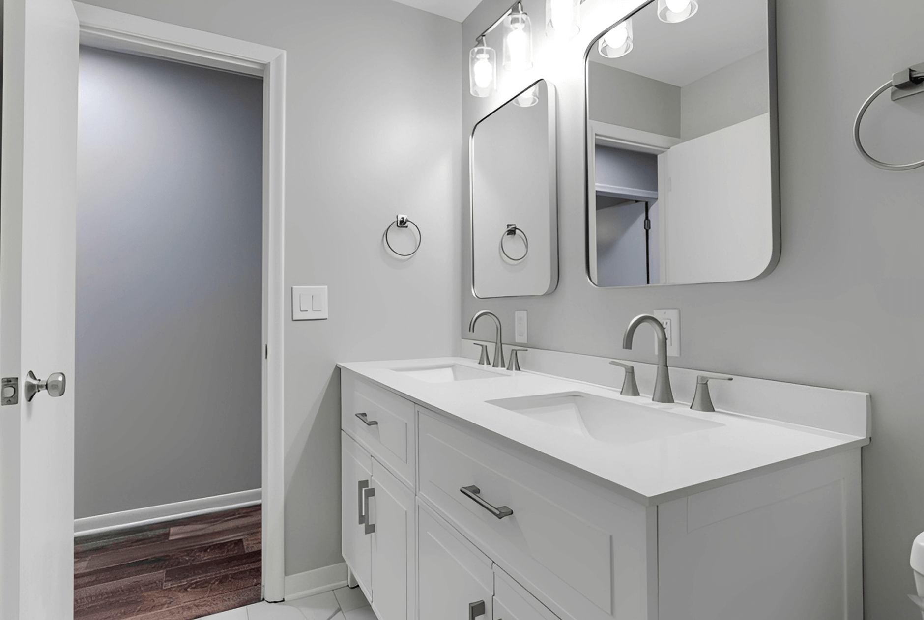 Minimalist bathroom featuring grey tones
